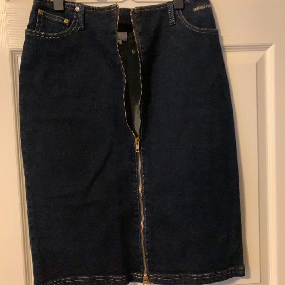 Aztec Rose Jean Skirt, Australian Brand Surf Skirt, Dark Denim, Zipper Skirt